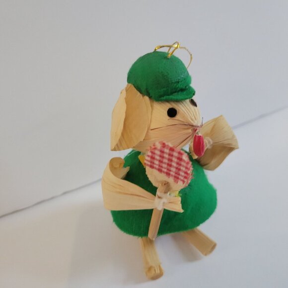 Handcrafted Corn Husk Mouse Ornament In Green Dress Holding Lollipop - Picture 2 of 6